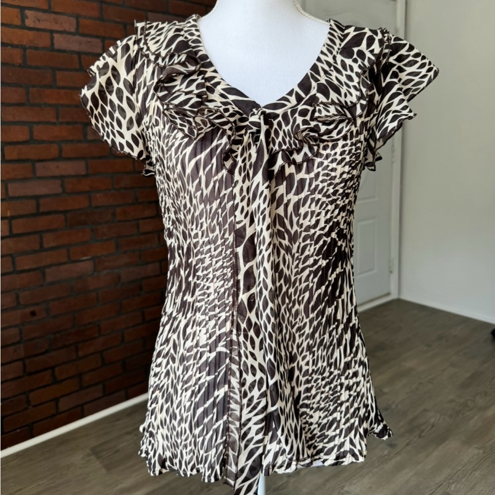 Claudia Richard Animal Print Blouse‎ Large Ruffle Tie Front Y2K Flowy Top